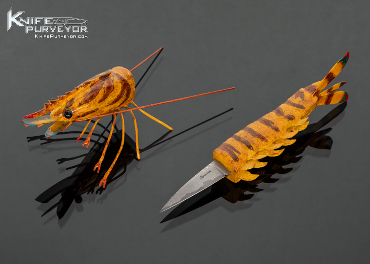 Tsuguo Kurosawa Custom Knife Painted and Lacquered Wood Handle Japanese Kuruma Prawn (Tiger Shrimp) with San Mai Damascus Blade 18087 - Image 3
