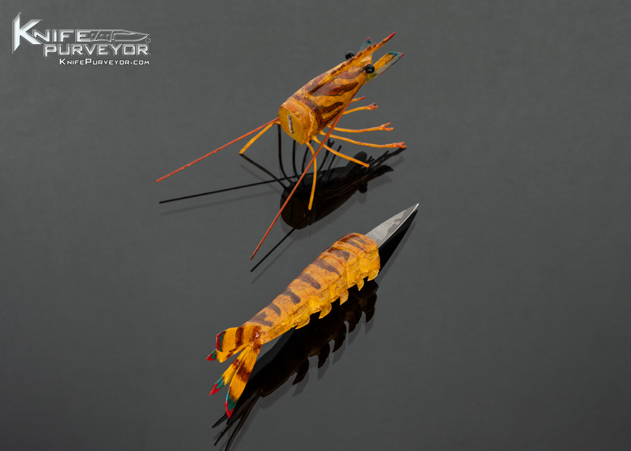 Tsuguo Kurosawa Custom Knife Painted and Lacquered Wood Handle Japanese Kuruma Prawn (Tiger Shrimp) with San Mai Damascus Blade 18087 - Image 4
