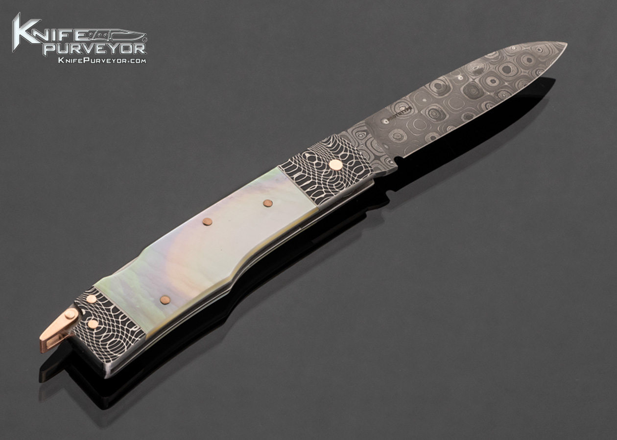 Warren Osborne Custom Knife South Sea Gold Lip Pearl and Damascus Gunstock Lockback with Rose Gold Pins and Bail - Image 3