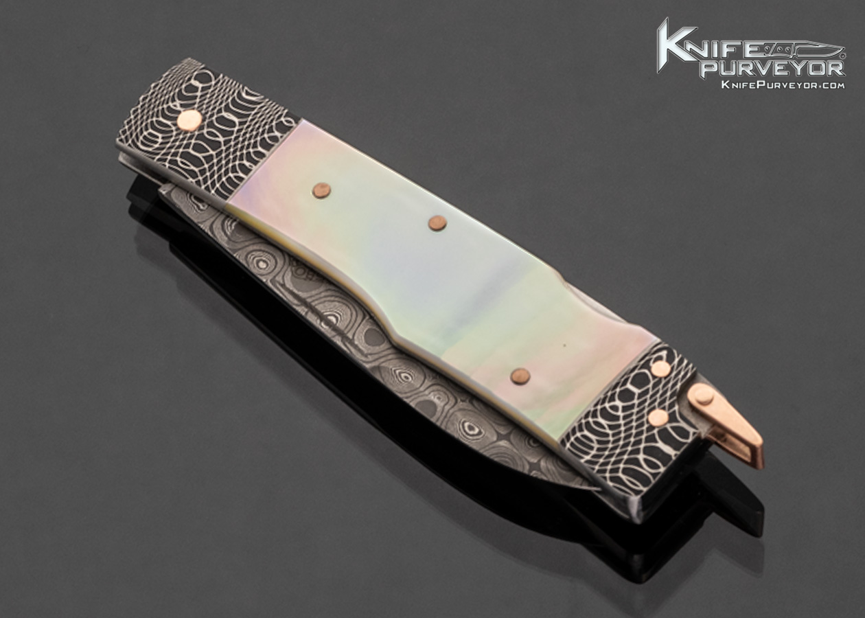 Warren Osborne Custom Knife South Sea Gold Lip Pearl and Damascus Gunstock Lockback with Rose Gold Pins and Bail - Image 2