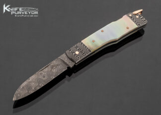 Warren Osborne Custom Knife Mother of Pearl and Damascus Gunstock Lockback with Rose Gold Pins and Bail 17518