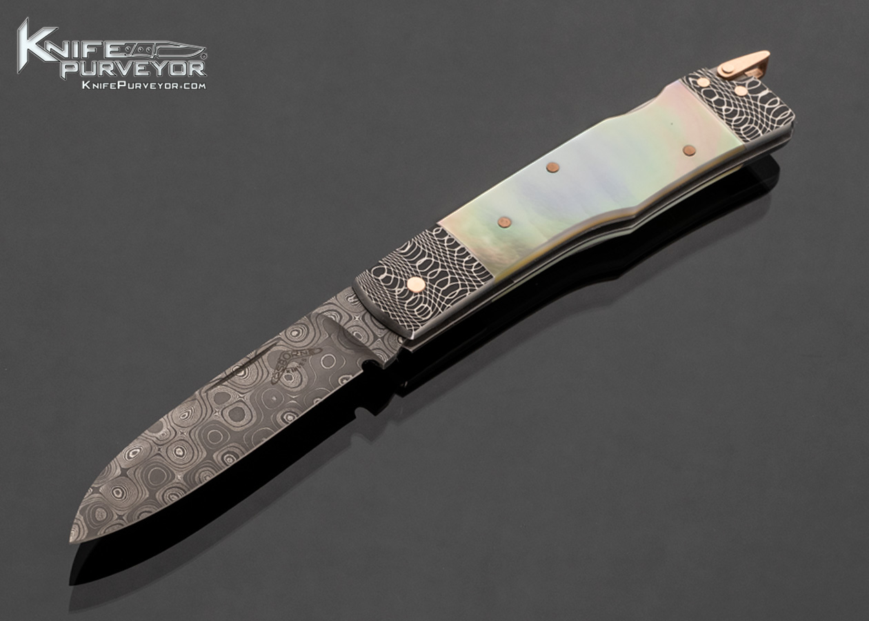 Warren Osborne Custom Knife Mother of Pearl and Damascus Gunstock Lockback with Rose Gold Pins and Bail 17518