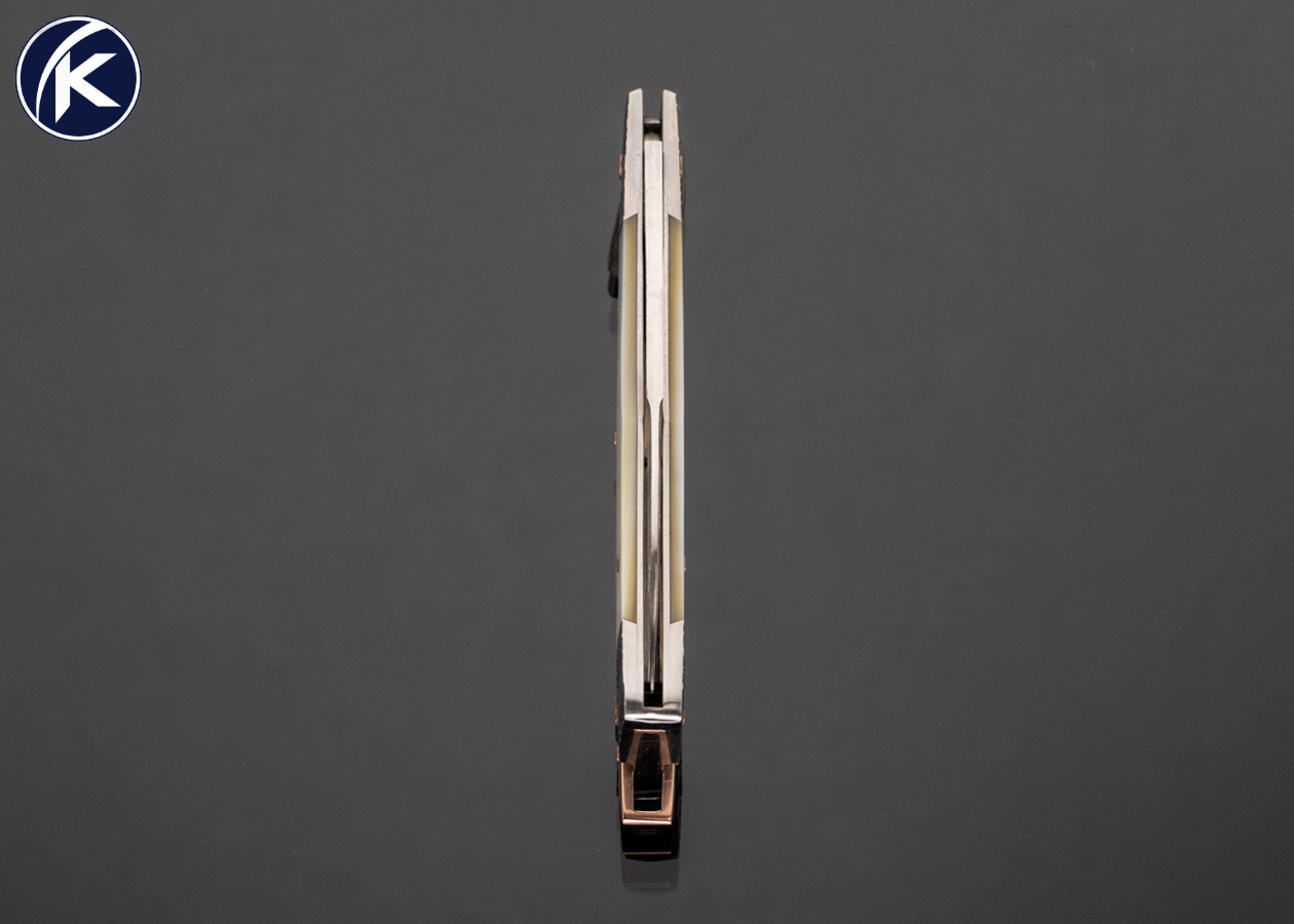 Warren Osborne Custom Knife Mother of Pearl and Damascus Gunstock Lockback with Rose Gold Pins and Bail 17518