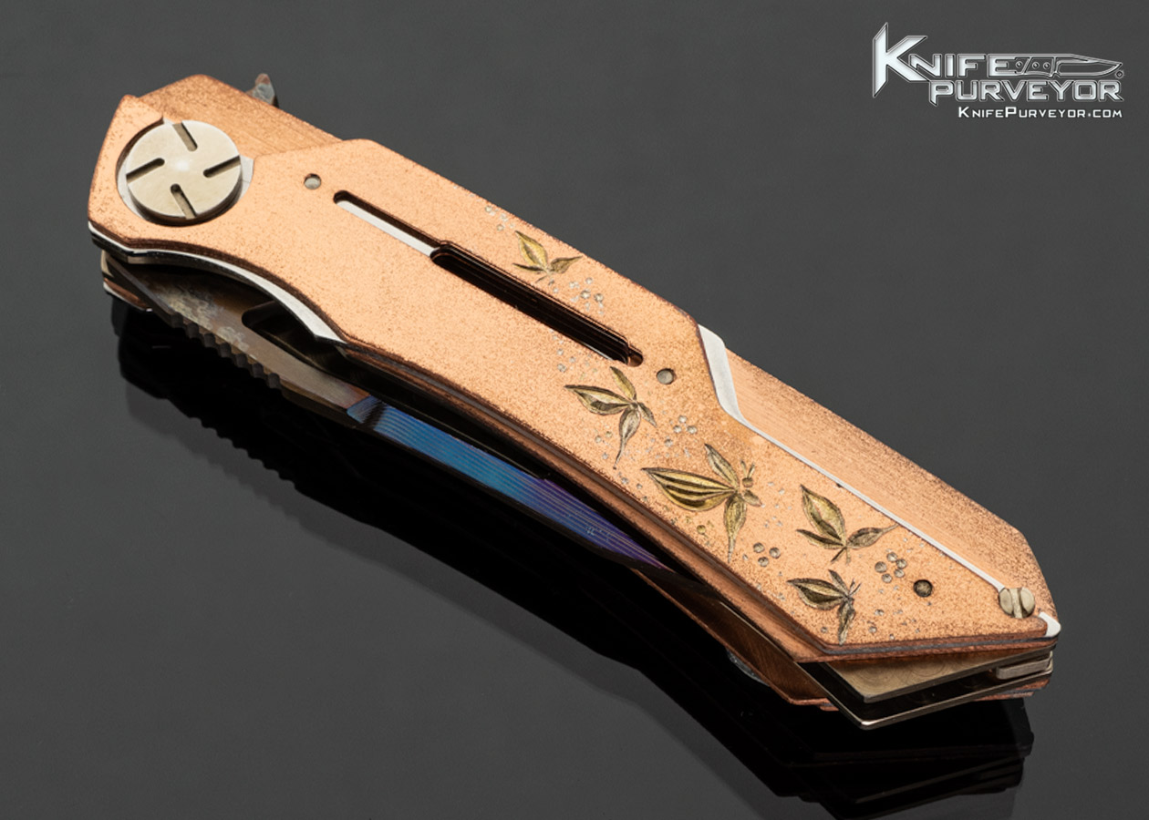 Dew Hara Custom Knife San Mai Blued Damascus with Engraved Copper Frame Linerlock - Image 2