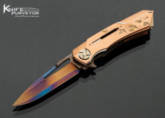 Dew Hara Custom Knife San Mai Blued Damascus with Engraved Copper Frame Linerlock 18182