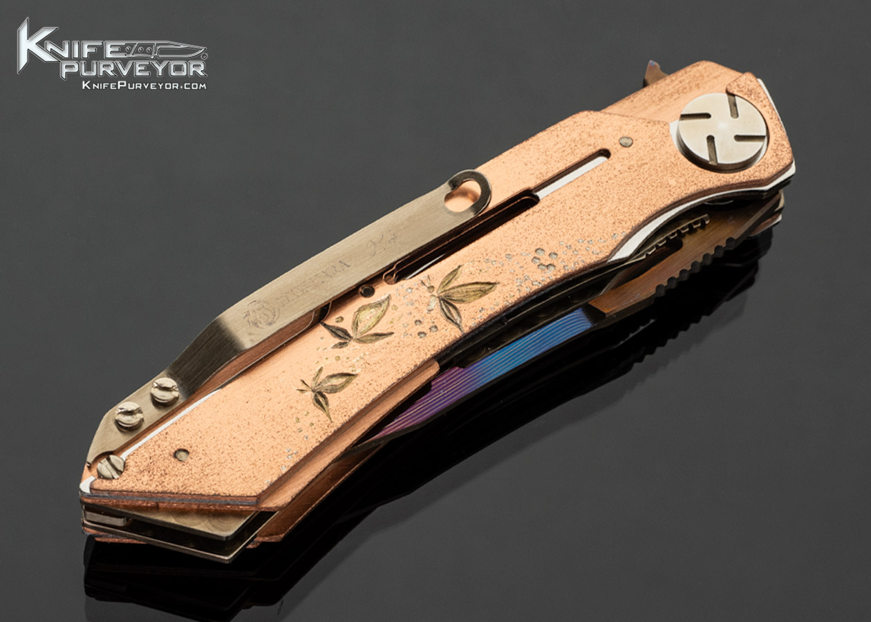 Dew Hara Custom Knife San Mai Blued Damascus with Engraved Copper Frame Linerlock - Image 4