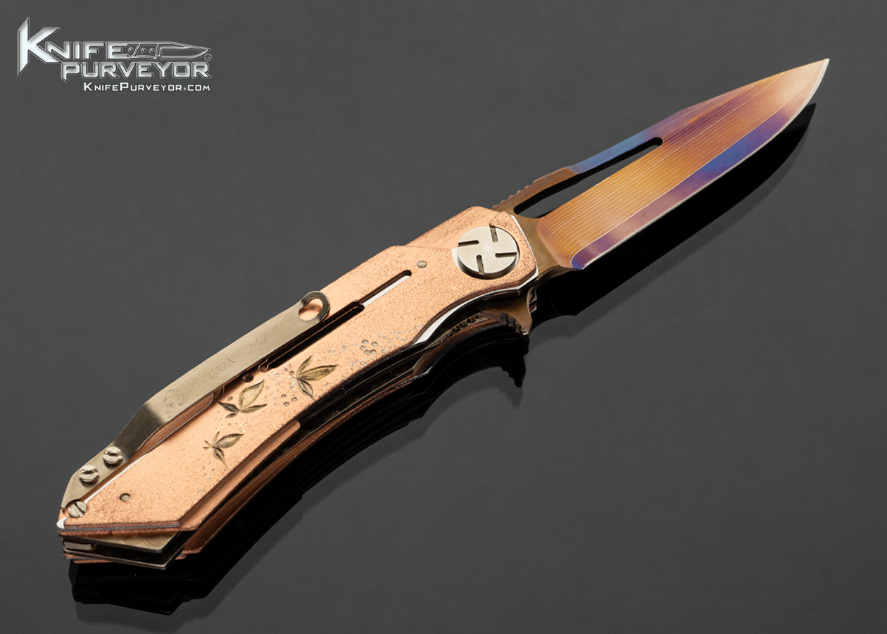 Dew Hara Custom Knife San Mai Blued Damascus with Engraved Copper Frame Linerlock - Image 3