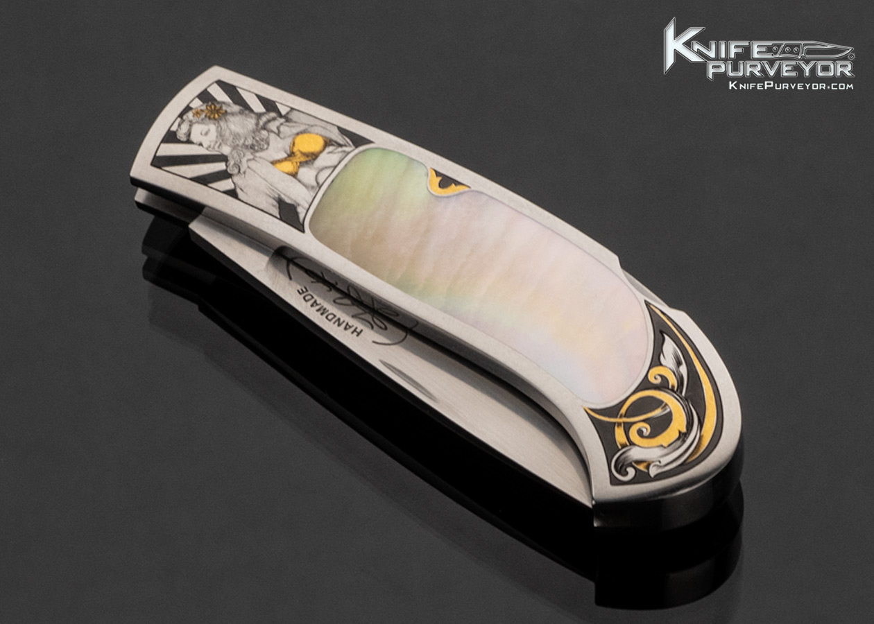 Dr. Fred Carter Custom Knife Gold Lip Pearl lockback Engraved by Tim and Christy George with 24 Kt Gold Inlays - Image 2