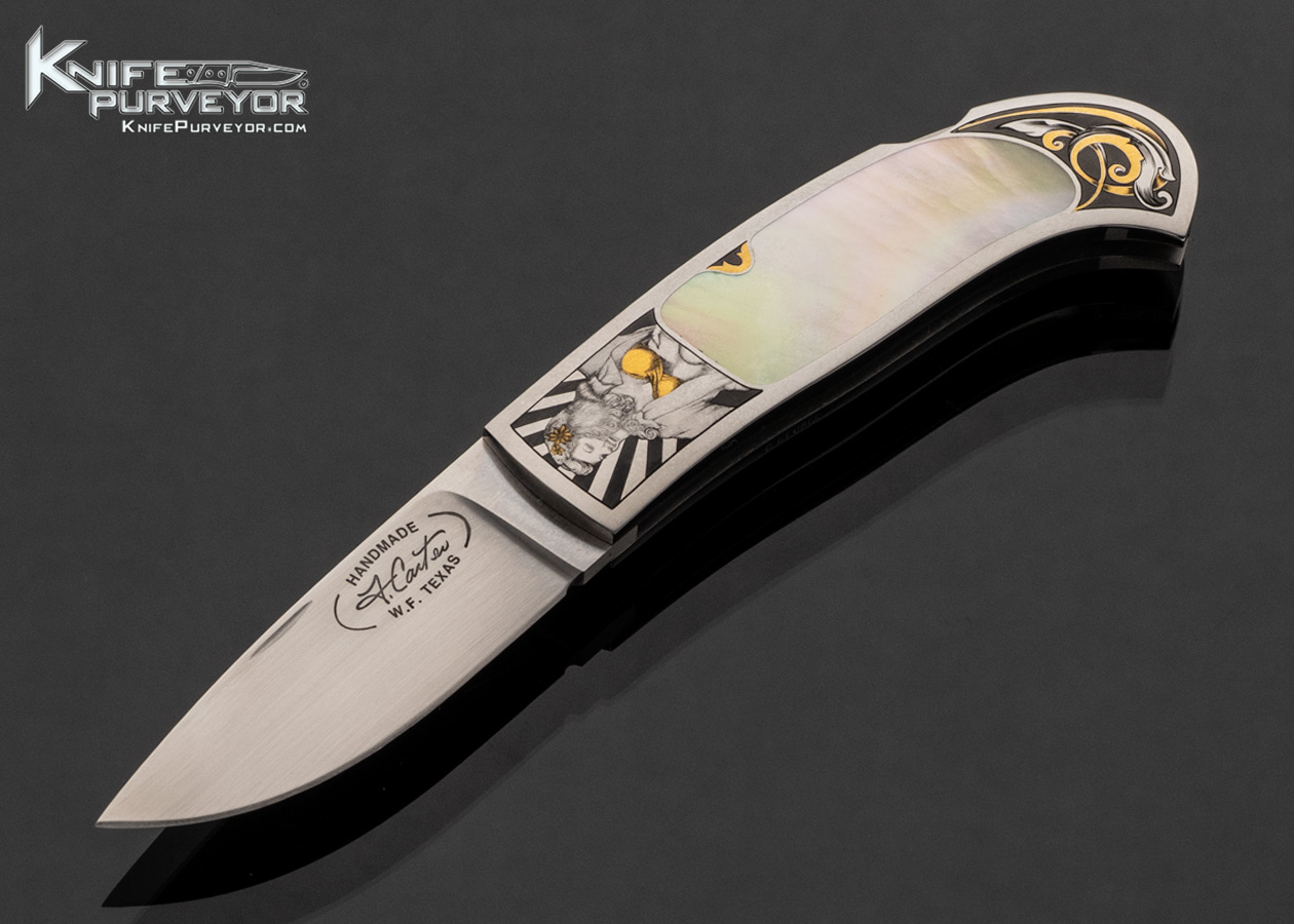 Dr. Fred Carter Custom Knife Gold Lip Pearl lockback Engraved by Tim and Christy George with 24 Kt Gold Inlays 17549