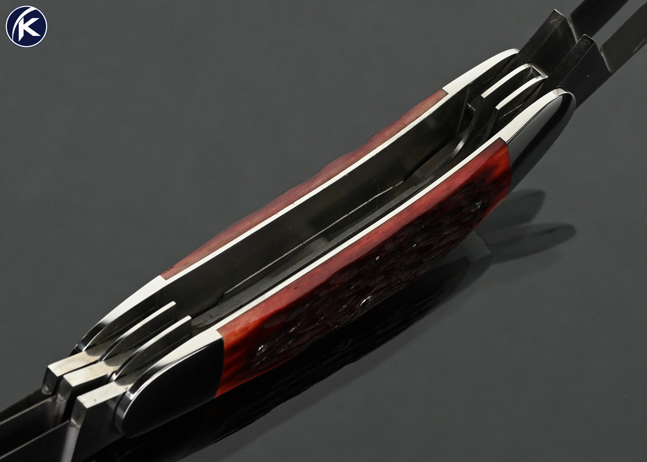 Eugene Shadley Custom Knife Red Jigged Bone 5 Blade Sowbelly Slipjoint with Half Stops #628