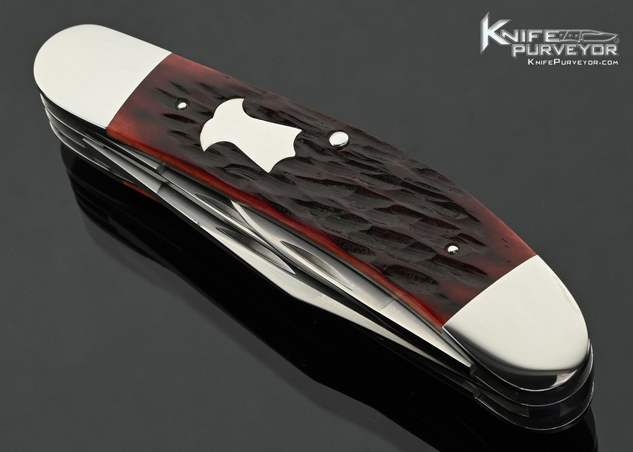 Eugene Shadley Custom Knife Red Jigged Bone 5 Blade Sowbelly Slipjoint with Half Stops #628