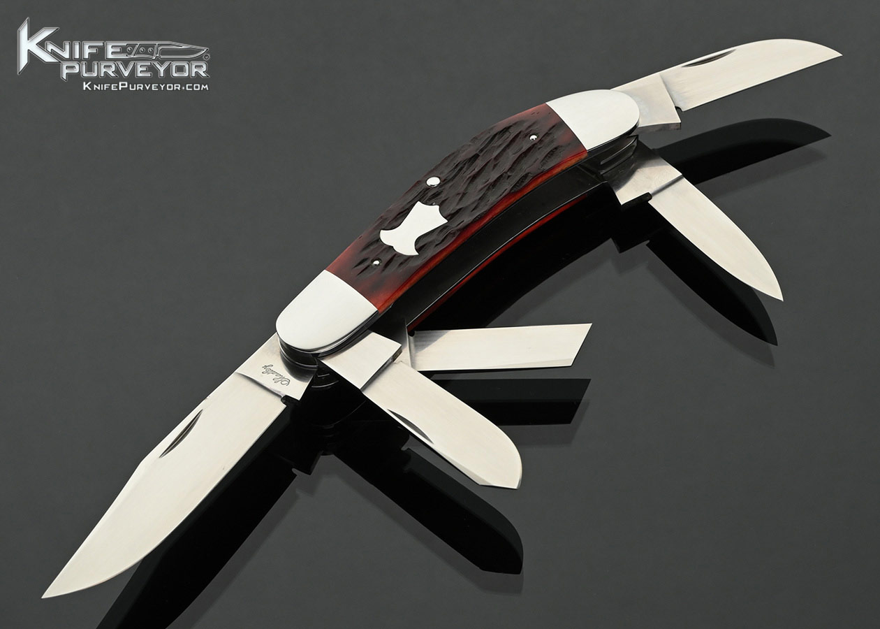 Eugene Shadley Custom Knife Red Jigged Bone 5 Blade Sowbelly Slipjoint with Half Stops #628
