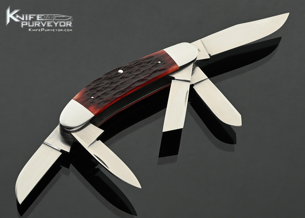 Eugene Shadley Custom Knife Red Jigged Bone 5 Blade Sowbelly Slipjoint with Half Stops #628