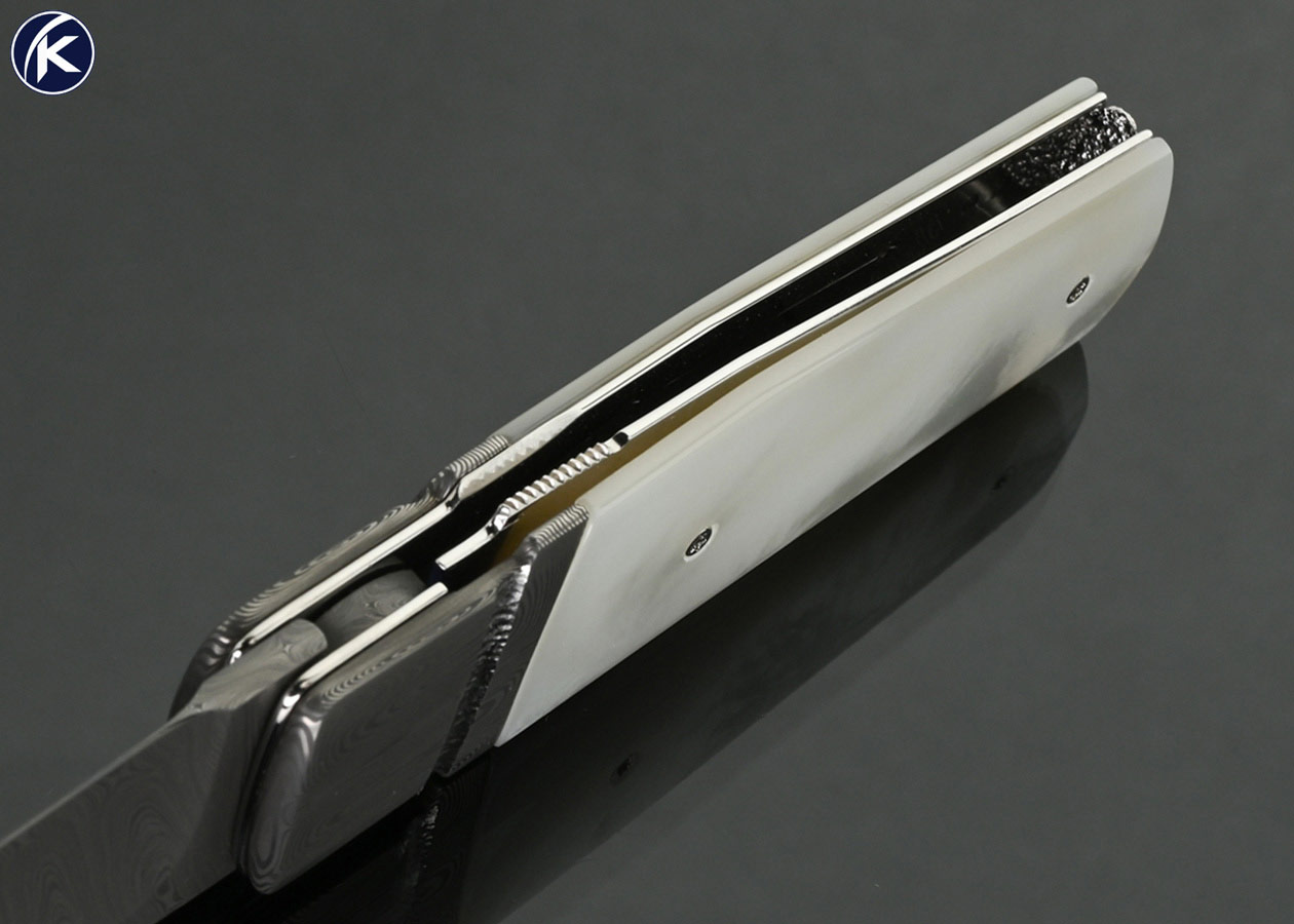 Fabrizio-Silvestrelli-(Silvester-Knives)-Custom-Knives-Reverse-Tanto-Style-Damasteel-and-Mother-of-Pearl-Linerlock-Flipper-