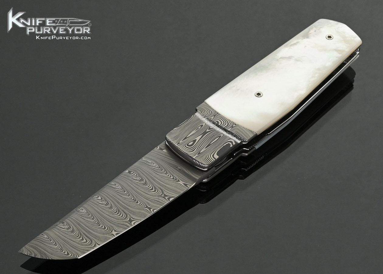 Fabrizio-Silvestrelli-(Silvester-Knives)-Custom-Knives-Reverse-Tanto-Style-Damasteel-and-Mother-of-Pearl-Linerlock-Flipper-
