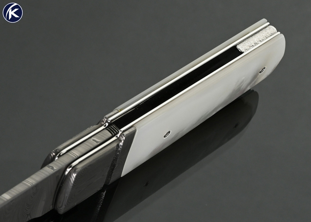 Fabrizio-Silvestrelli-(Silvester-Knives)-Custom-Knives-Reverse-Tanto-Style-Damasteel-and-Mother-of-Pearl-Linerlock-Flipper-