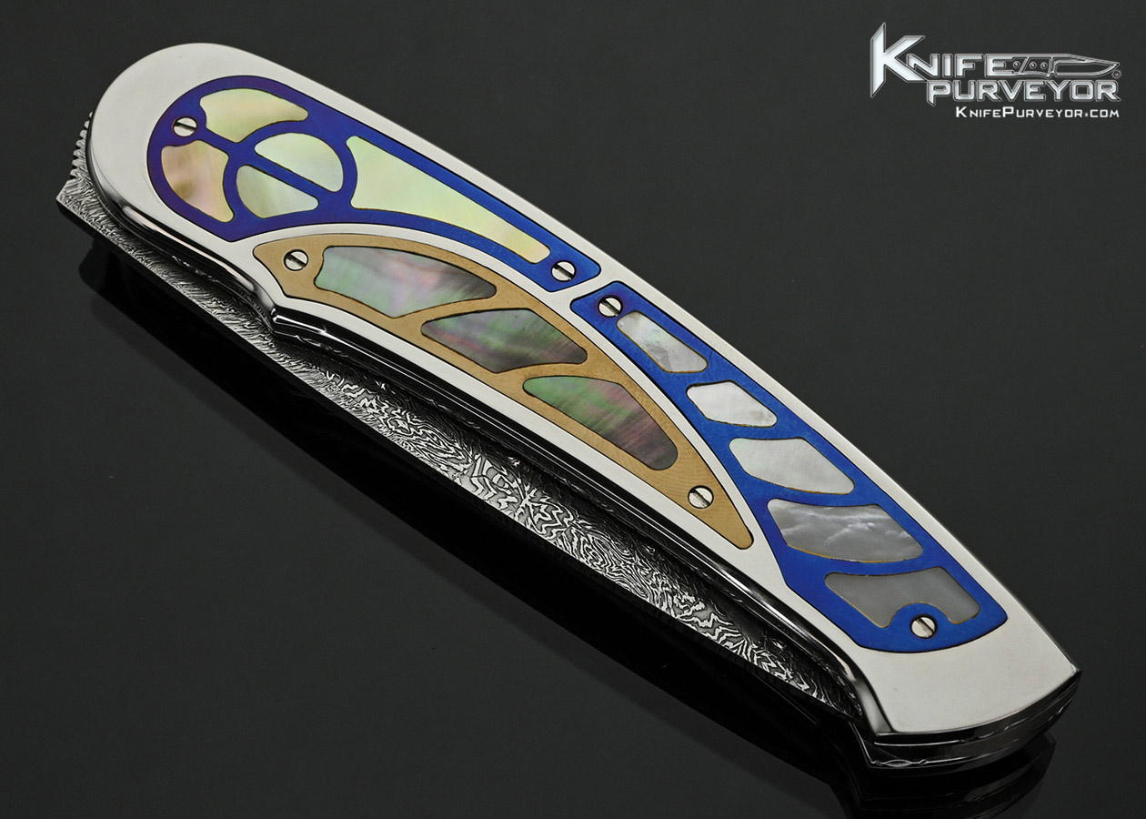 Guiseppe-Pala-Custom-Knife-Damascus-and-Multi-Pearl-Interframes-with-Anodized-Titanium-and-Gold-Inlays-Front-Flipper-Linerlock-