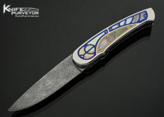 Guiseppe-Pala-Custom-Knife-Damascus-and-Multi-Pearl-Interframes-with-Anodized-Titanium-and-Gold-Inlays-Front-Flipper-Linerlock-
