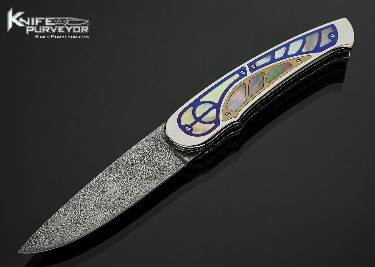 Guiseppe-Pala-Custom-Knife-Damascus-and-Multi-Pearl-Interframes-with-Anodized-Titanium-and-Gold-Inlays-Front-Flipper-Linerlock-