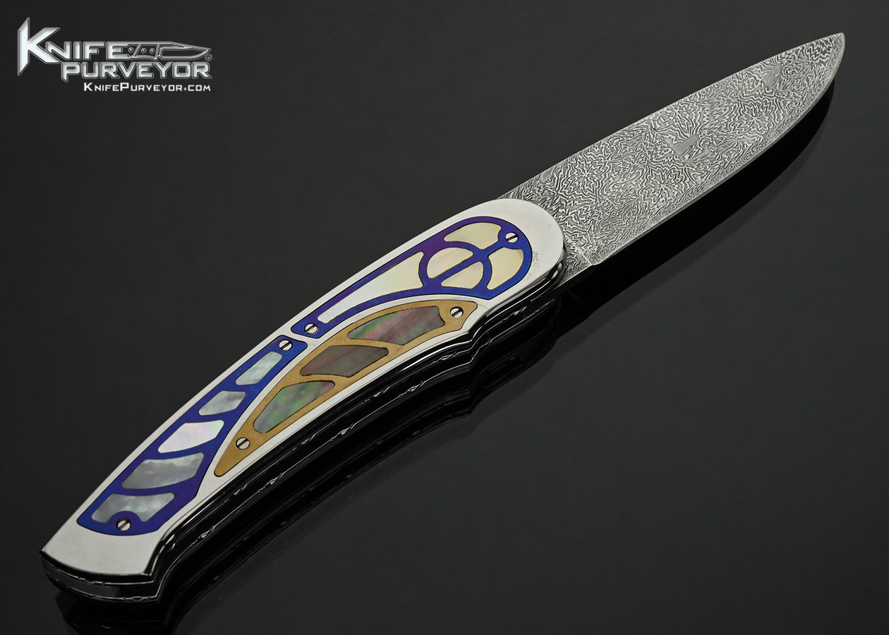 Guiseppe-Pala-Custom-Knife-Damascus-and-Multi-Pearl-Interframes-with-Anodized-Titanium-and-Gold-Inlays-Front-Flipper-Linerlock-