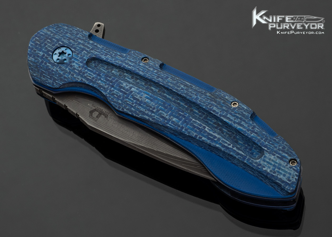 JD Van Deventer Custom Knife Kenpachi Damascus with Blue Twill Carbon Fiber and Blue G10 Flipper - Image 2
