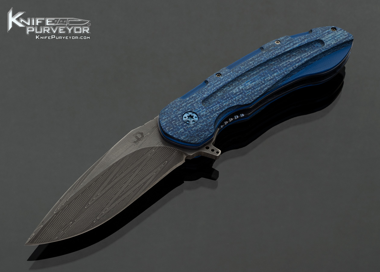 JD Van Deventer Custom Knife Damascus with Blue Carbon Fiber or Titanium 18179