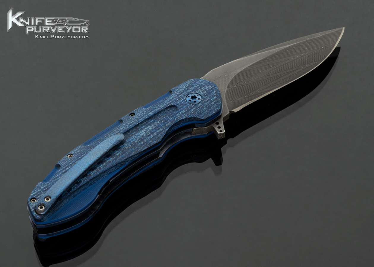 JD Van Deventer Custom Knife Kenpachi Damascus with Blue Twill Carbon Fiber and Blue G10 Flipper - Image 3