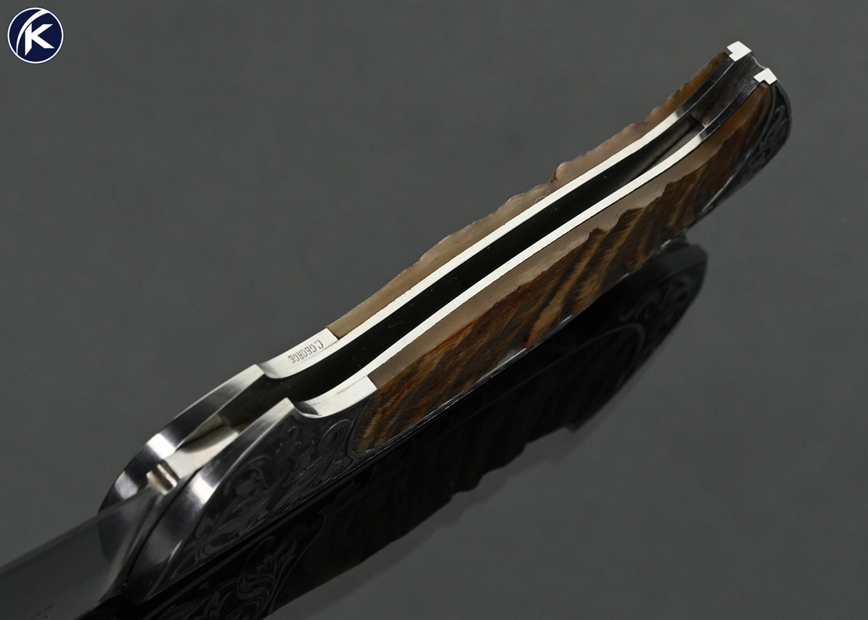Joe Kious Custom Knife Big Horn Sheep Horn Semi Interframe Lockback Engraved by Christy George