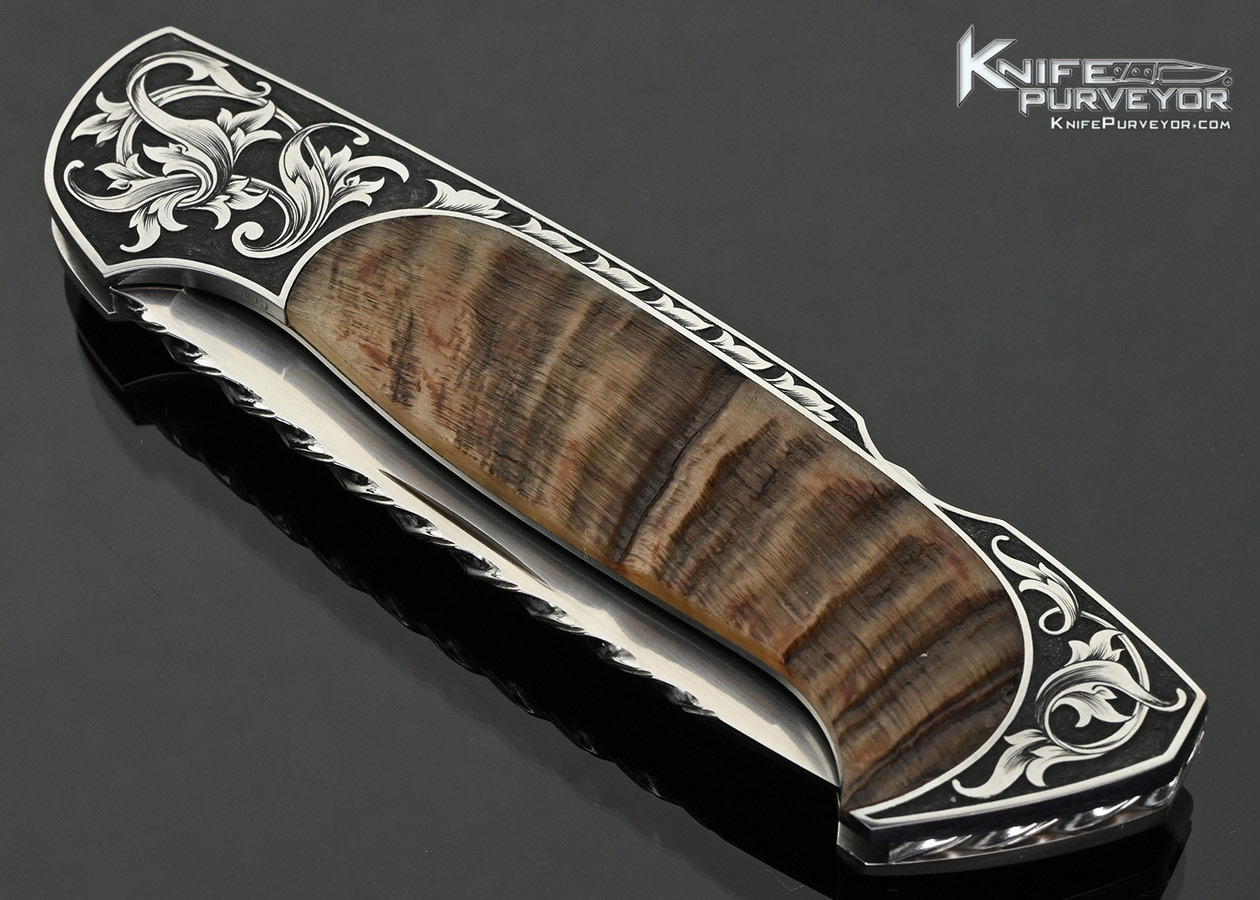 Joe Kious Custom Knife Big Horn Sheep Horn Semi Interframe Lockback Engraved by Christy George