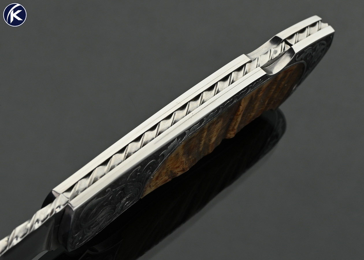 Joe Kious Custom Knife Big Horn Sheep Horn Semi Interframe Lockback Engraved by Christy George