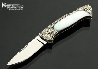 Joe-Kious-Custom-Knife-Pearl-Semi-Interframe-Lockback-Engraved-by-Fred-Harrington-