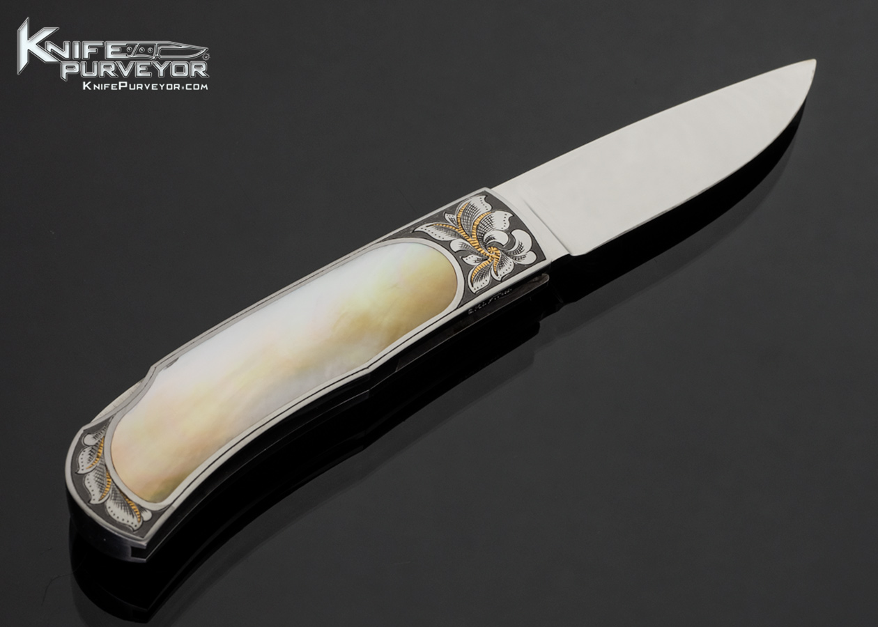 John LeBlanc Custom Knife Gold Lip Pearl Interframe Lockback Engraved by Simon Lytton with Gold Inlays 18166