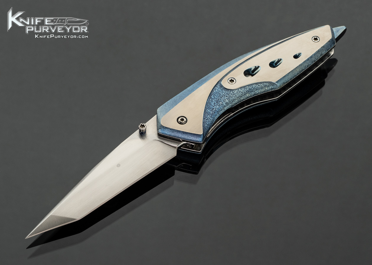 Jose De Braga Custom Knife Tanto Style With Stippled, Anodized, and Carved Titanium Linerlock 18195