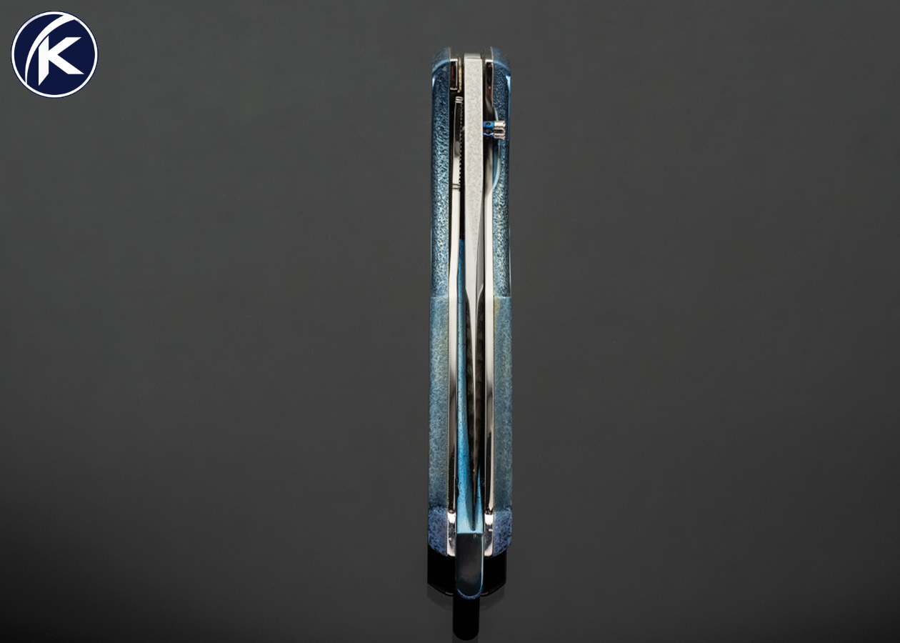 Jose De Braga Custom Knife Tanto Style With Stippled, Anodized, and Carved Titanium Linerlock 18195