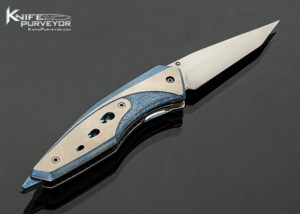 Jose DeBraga Custom Knife Tanto Style With Stippled, Anodized, and Carved Titanium Linerlock - Image 3