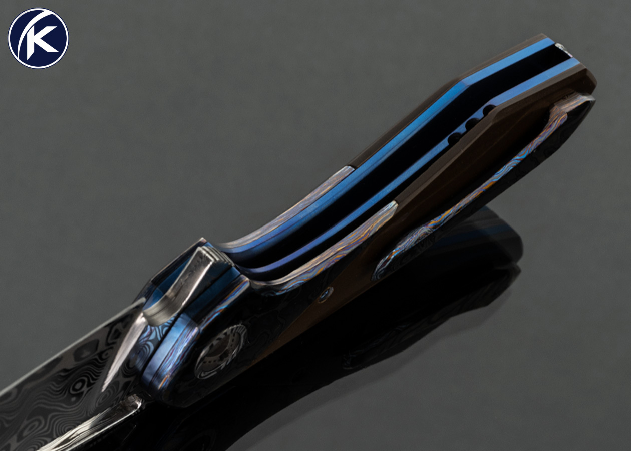 Larevo Knives (Jason Overall) Custom Knife Vertex No.1 Damasteel with Timascus Bolsters and Micarta - Image 5