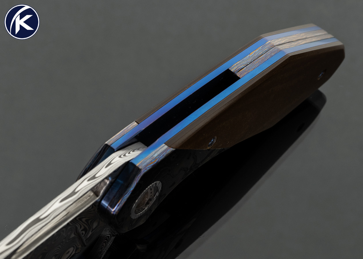 Larevo Knives (Jason Overall) Custom Knife Vertex No.1 Damasteel with Timascus Bolsters and Micarta - Image 4