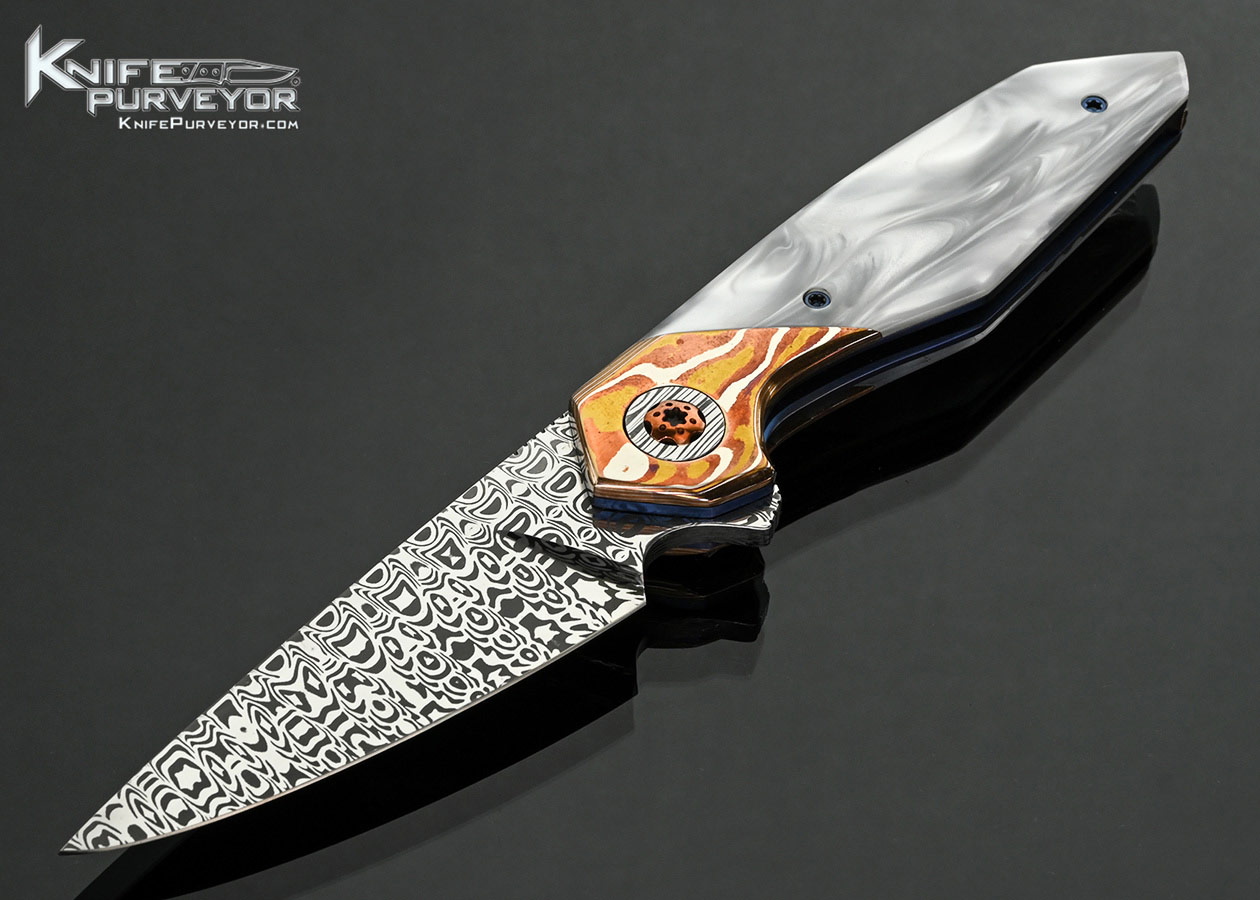 Larevo Knives (Jason Overall) Custom Knife Gryphon Damasteel with Mokume and Mother of Pearl Linerlock Flipper