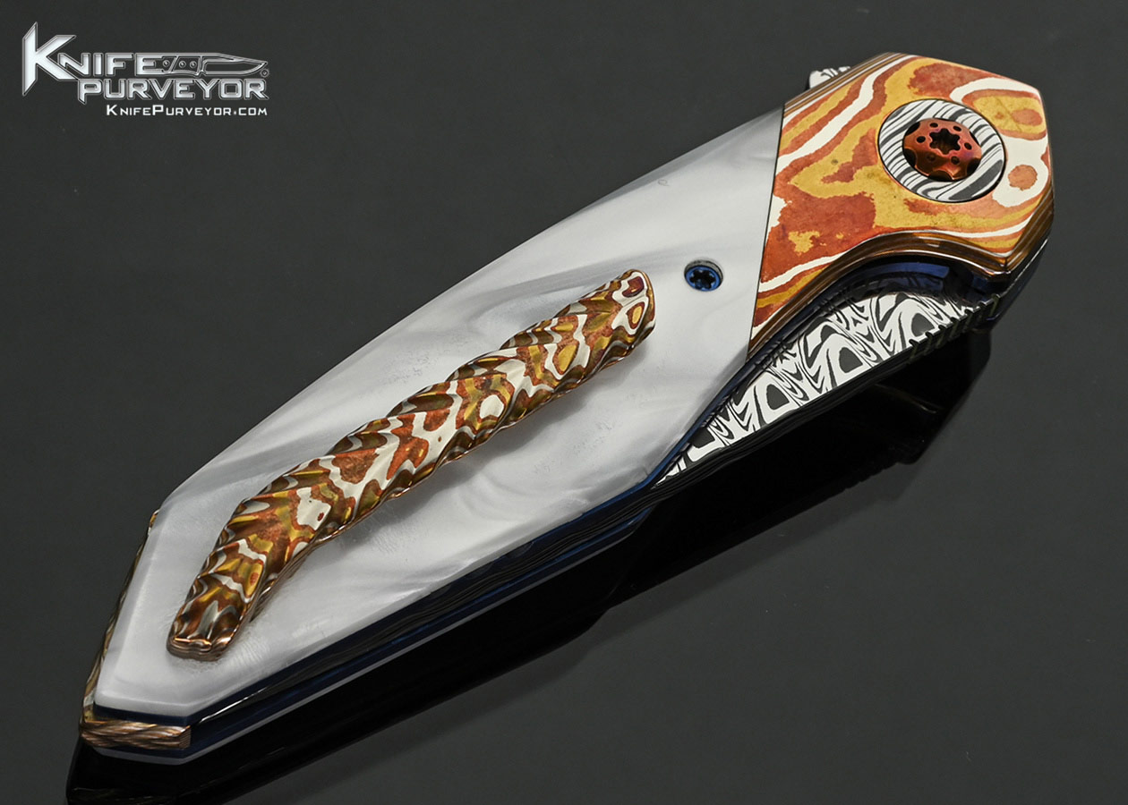 Larevo Knives (Jason Overall) Custom Knife Gryphon Damasteel with Mokume and Mother of Pearl Linerlock Flipper