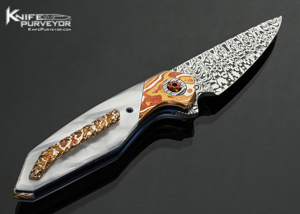 Larevo Knives (Jason Overall) Custom Knife Gryphon Damasteel with Mokume and Mother of Pearl Linerlock Flipper