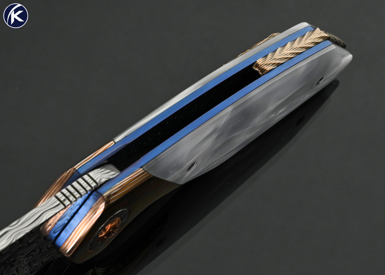 Larevo Knives (Jason Overall) Custom Knife Gryphon Damasteel with Mokume and Mother of Pearl Linerlock Flipper