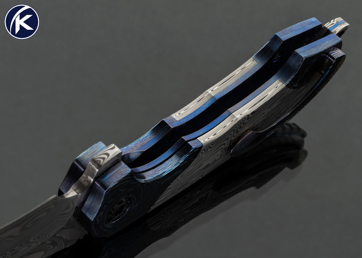 Todd Fischer Custom Knife Full Dress Damasteel and Double Bolstered MokuTi Archangel Flipper - Image 5