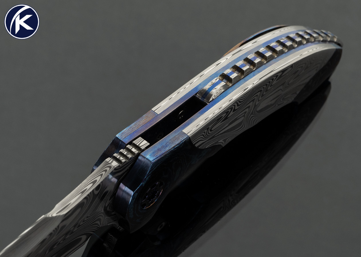 Todd Fischer Custom Knife Full Dress Damasteel and Double Bolstered MokuTi Archangel Flipper - Image 4