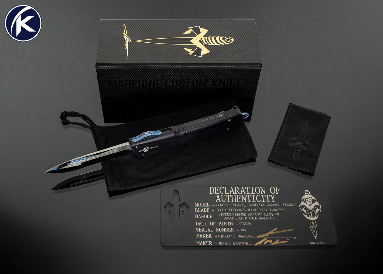 Marfione Custom Knives Combat Troodon Blued Spirograph Damascus with Anodized Aircraft Alloy OTF Auto #016 18268
