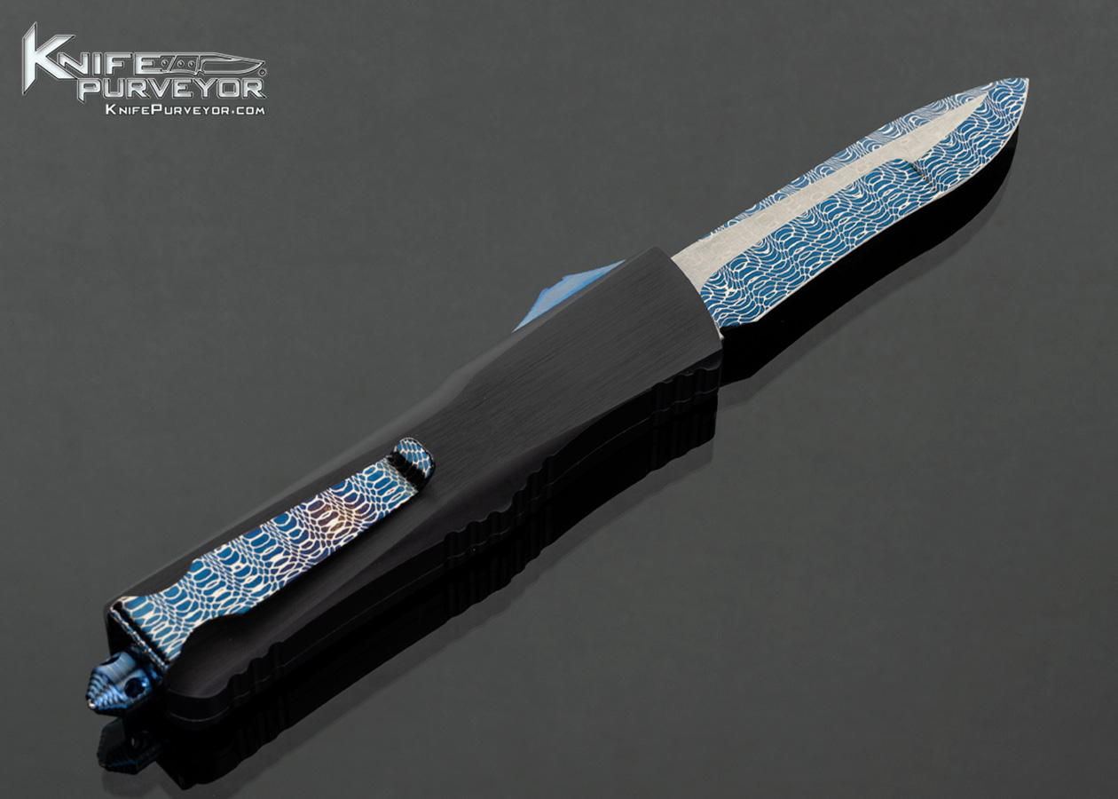 Marfione Custom Knives Combat Troodon Blued Spirograph Damascus with Anodized Aircraft Alloy OTF Auto #016 - Image 3