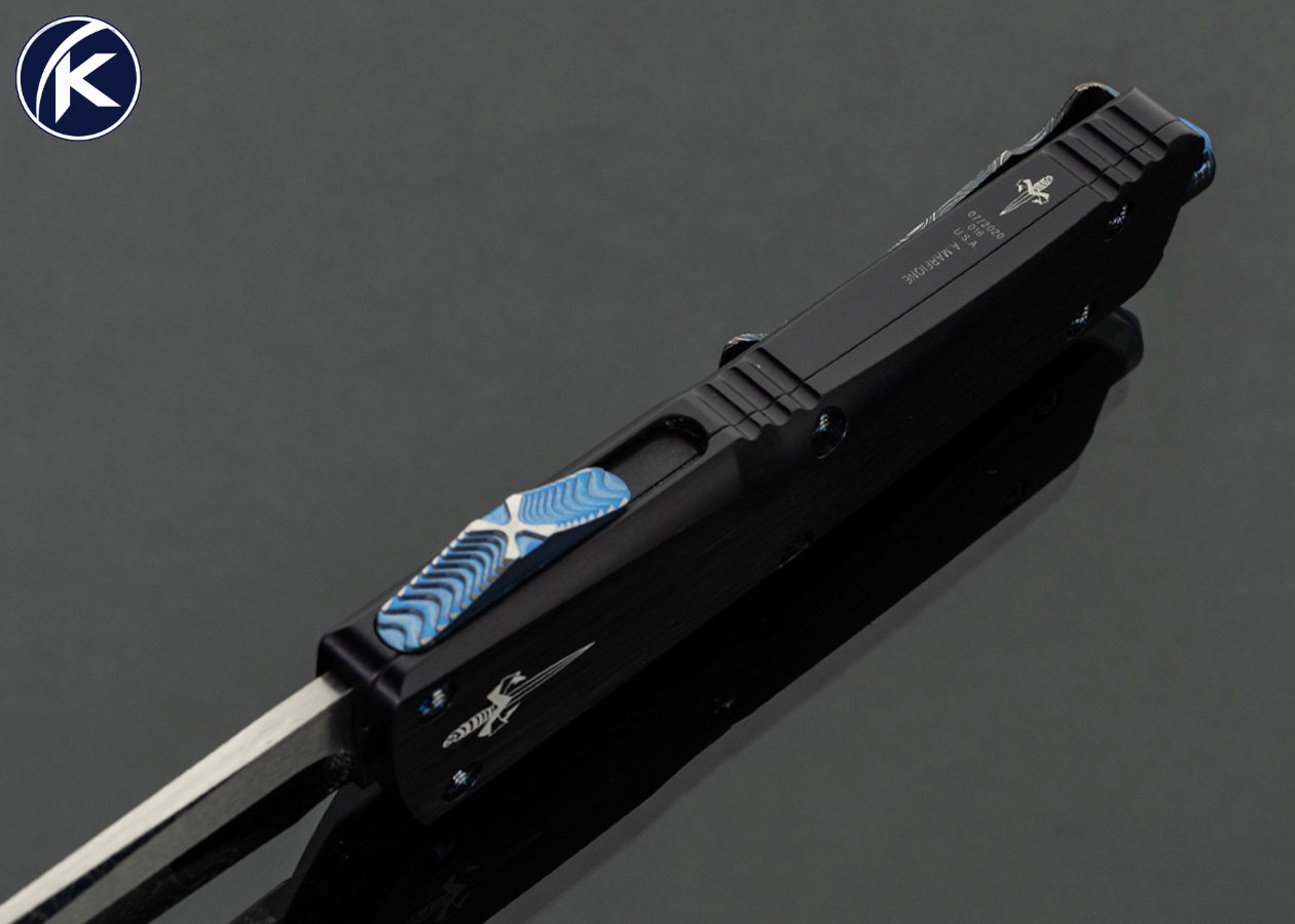 Marfione Custom Knives Combat Troodon Blued Spirograph Damascus with Anodized Aircraft Alloy OTF Auto #016 - Image 4