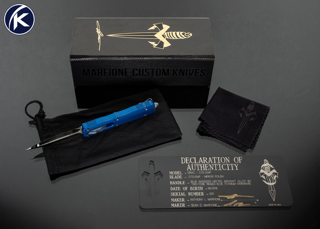 Marfione Custom Knives Dirac Double Edged with Blue Anodized Hefted Aircraft Alloy #022 OTF Automatic 18269