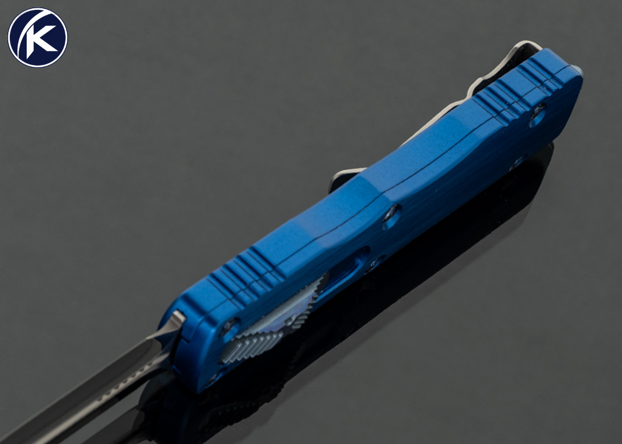 Marfione Custom Knives Dirac Double Edged with Blue Anodized Hefted Aircraft Alloy #022 OTF Automatic - Image 4