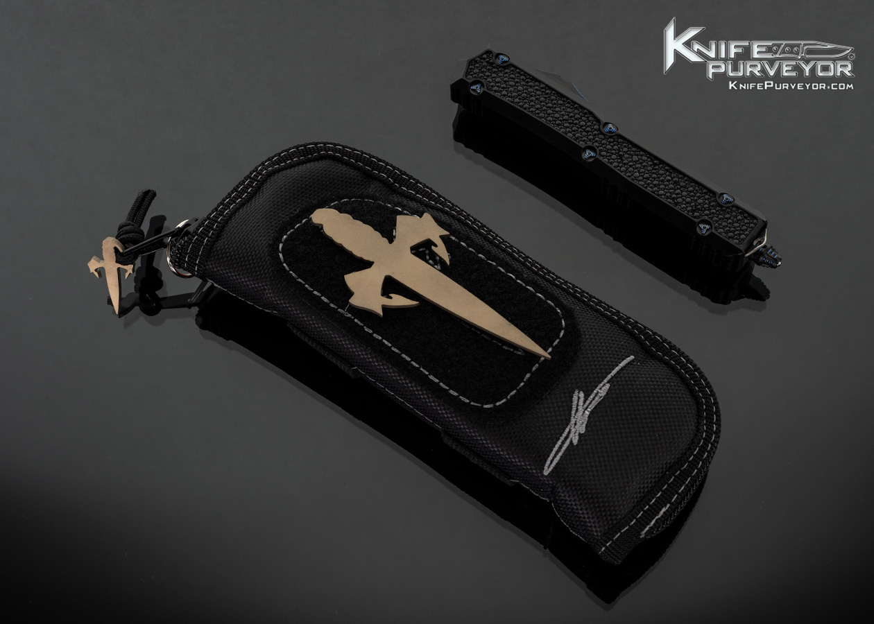 Marfione Custom Knives Makora Double Edged Blued Damascus and Black Aircraft Alloy with Stingray Inlay OTF Auto #018 - Image 2