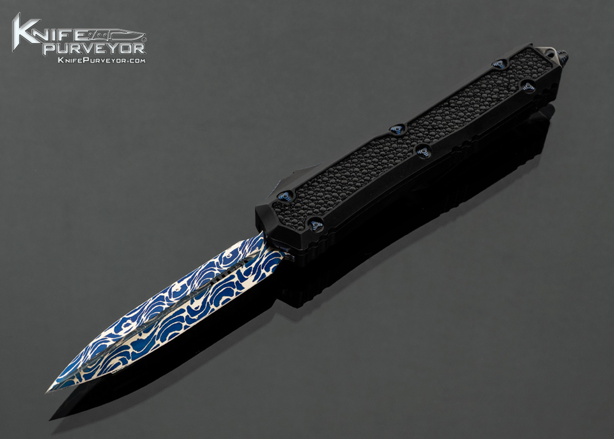 Marfione Custom Knives Makora Double Edged Blued Damascus and Black Aircraft Alloy with Stingray Inlay OTF Auto #018 18264